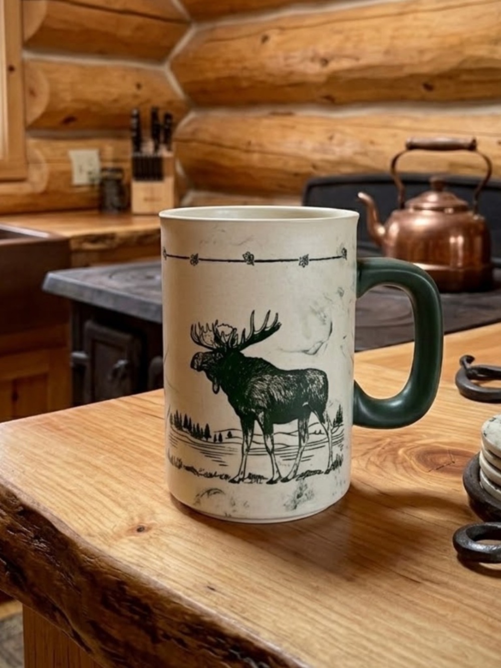 Cape Shore Maine Vacation Classics Oversized Beige Swirl Ceramic Mug Green Moose